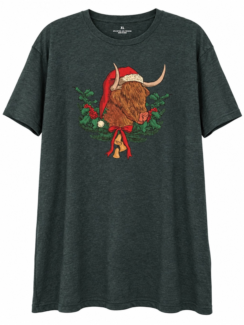 Unisex Dark Heather Green Holiday Highland Cow Graphic Tee XL NWT